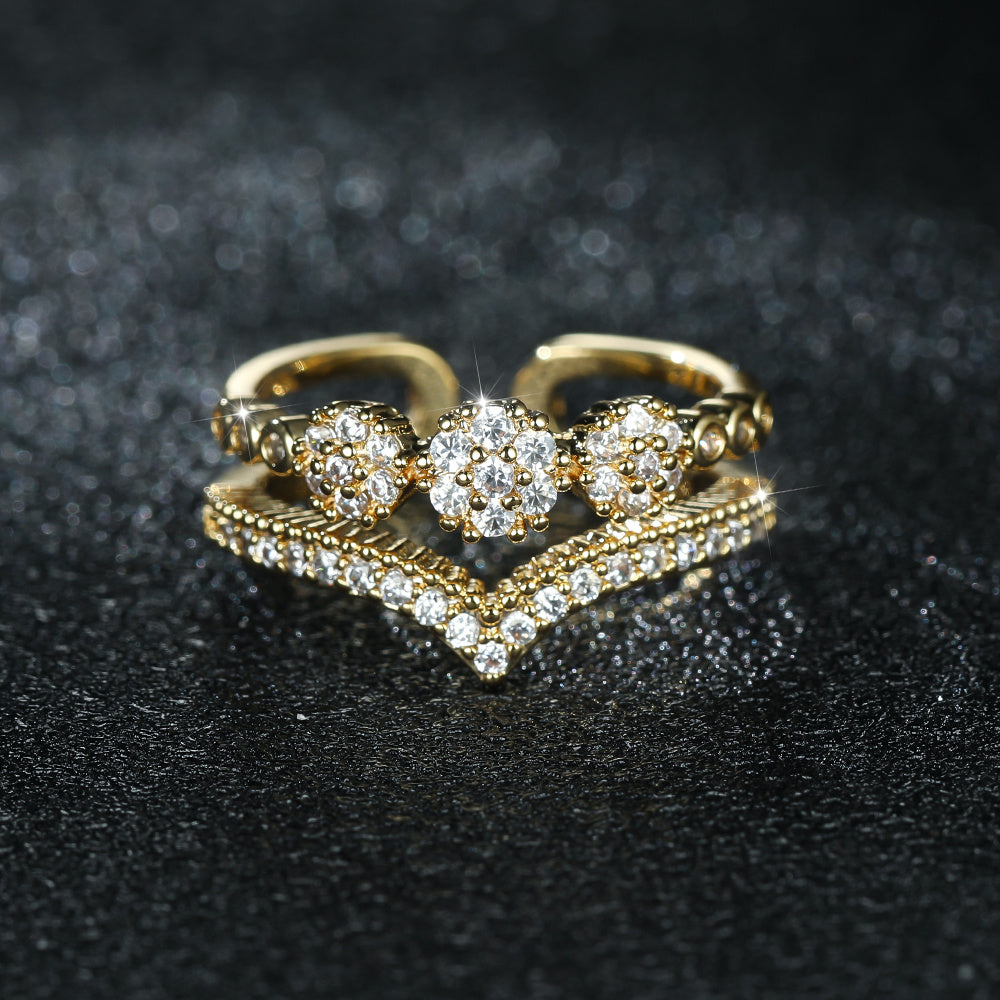 18K Gold Plated Double V-cut Ring Women's Ring Fashionable Design
